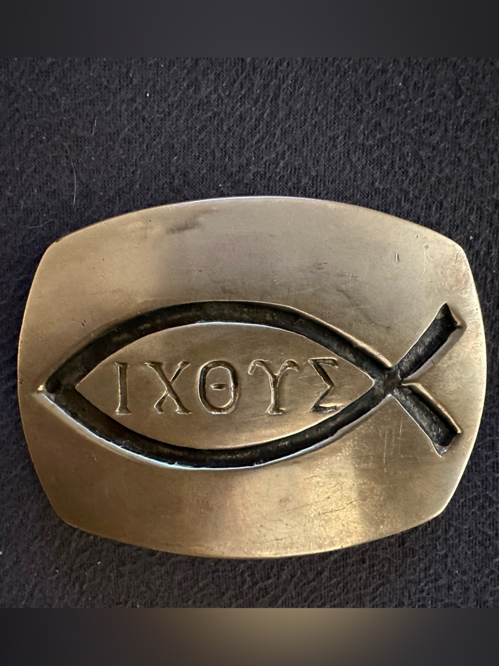 Vintage 1970s Jesus Fish Belt Buckle Solid Brass Ichthys IXOYE Christian
